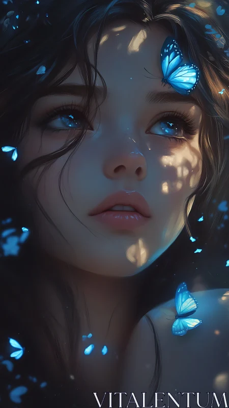 Luminous blue butterflies encircling a wistful girl’s gaze.