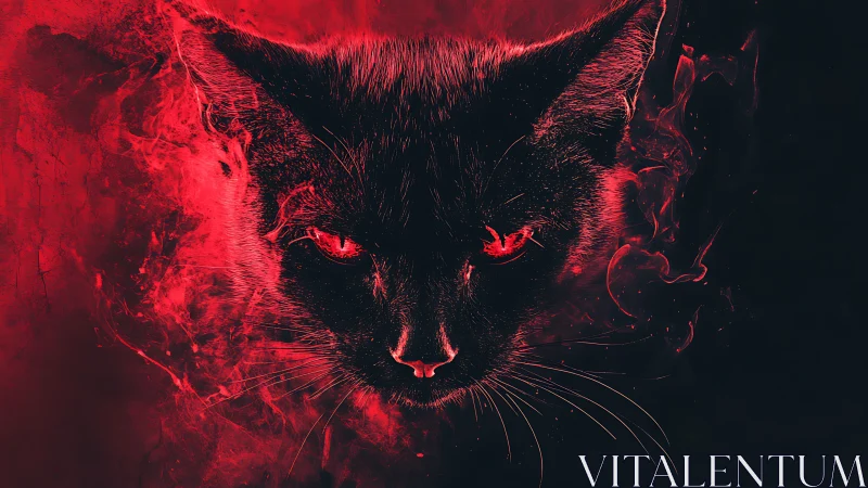 Ember-eyed shadow cat rising from crimson smoke veils.