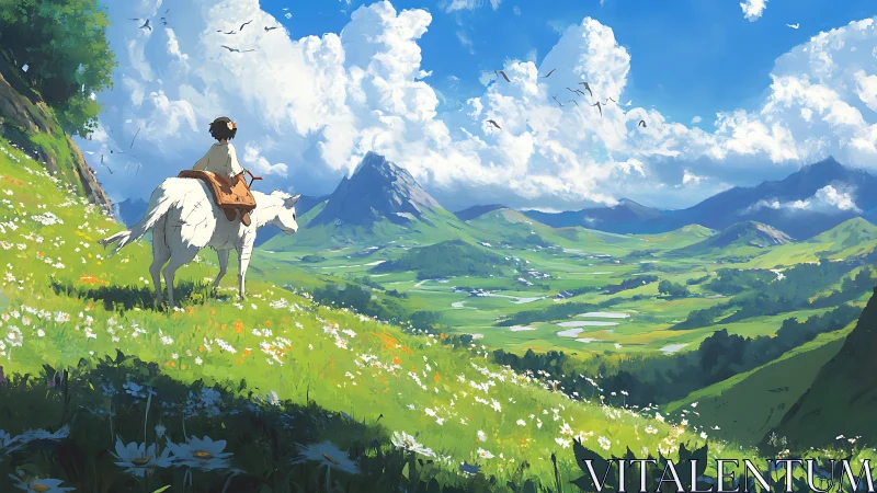 Rider on white mount surveying luminant valley panorama.