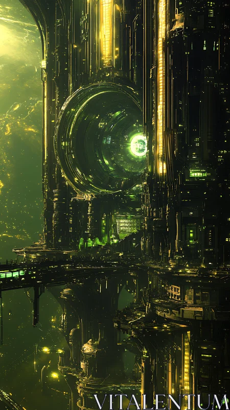 Vertical orbital megastructure with luminous green core.