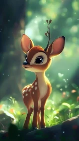 Gentle fawn in luminous forest glade, soft bokeh light.