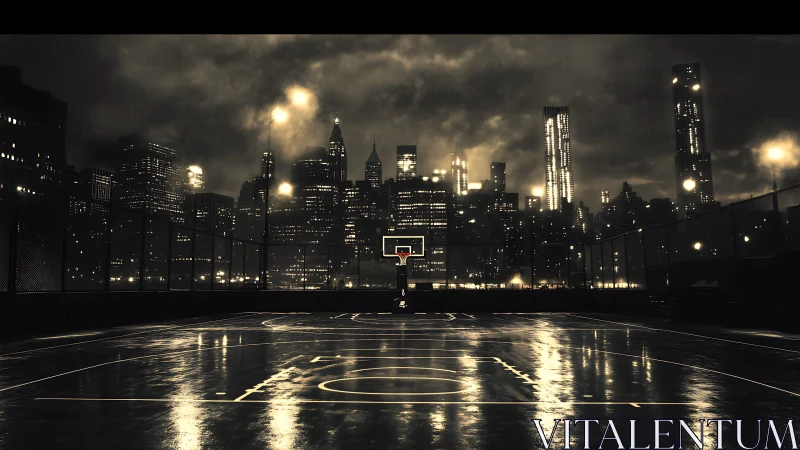 City night basketball court glowing under rainy skyline.