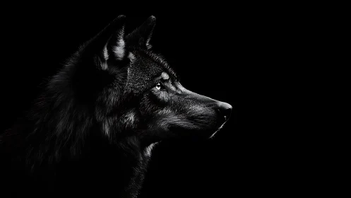 Black wolf profile glows against deep negative space.
