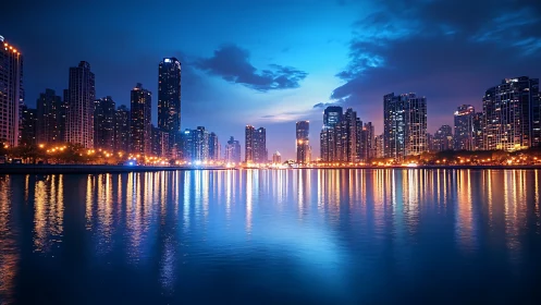 City skyline reflects over calm waterfront under blue dusk