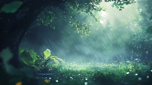 Digital painting woodland glade in cinematic rainfall light.