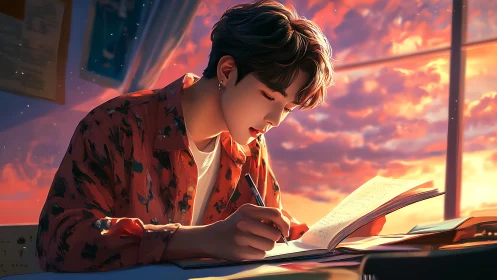 Sunset-lit student writing in notebook beside window.