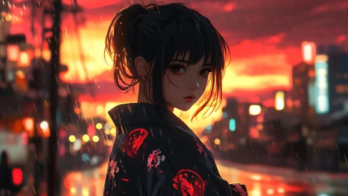 Young woman in kimono stands in rainy neon city at dusk