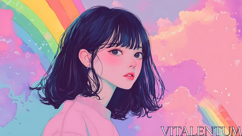 Pastel anime girl beneath rainbow sky in soft clouds.