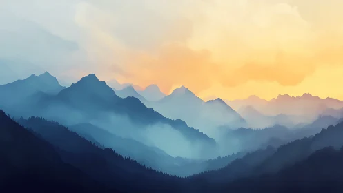 Layered blue mountain ridges under soft sunrise sky.