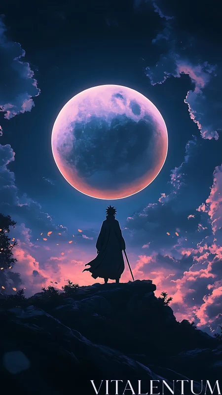 Lone warrior silhouette under huge glowing pink moon.