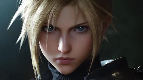 Stoic blonde warrior with intense teal eyes in soft light.