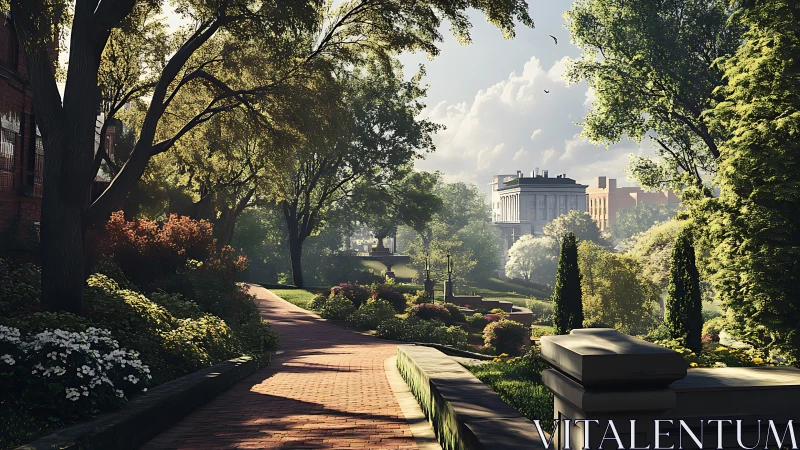 Sunlit brick path curves through lush urban park gardens