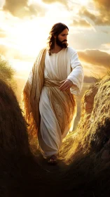 Serene robed figure walks through sunlit rocky passageway