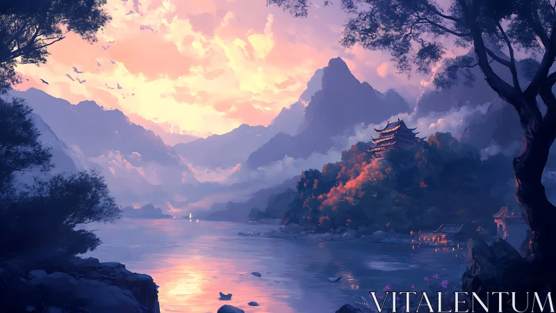 Digital painting of misty river valley with pagoda at sunset.