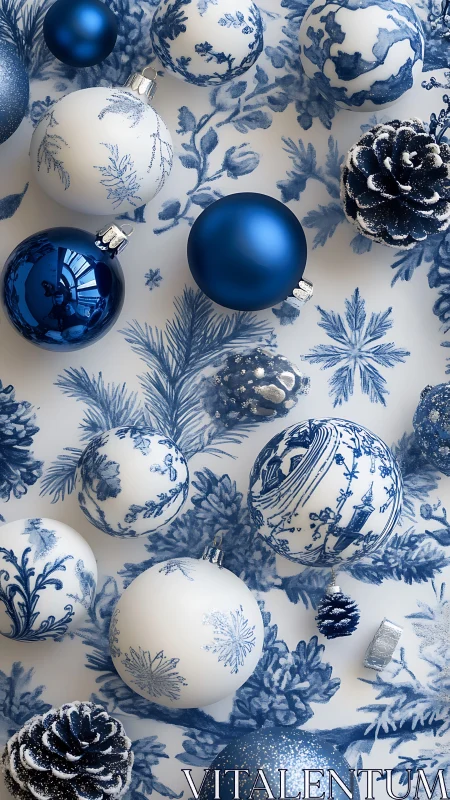 Blue and white Christmas ornaments on botanical patterned surface.