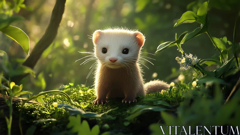 Sunlit baby ferret on mossy forest floor in soft glow.