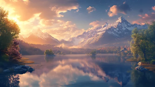 Sunrise spell over mirror lake and whispering mountains.