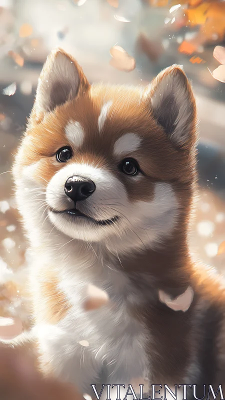 Soft sunlight follows a fluffy puppy enjoying gentle petals