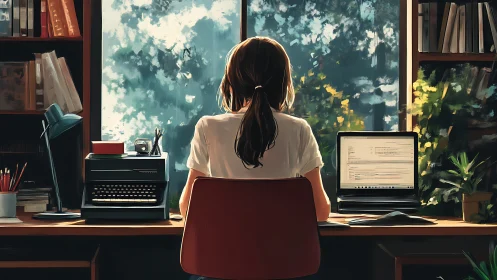 Digital painting study of writer at dual analog‑digital desk.