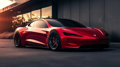 Sleek red electric supercar gleams at sunset outside studio