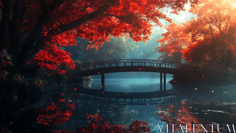 Wooden bridge over calm river under dense red foliage.