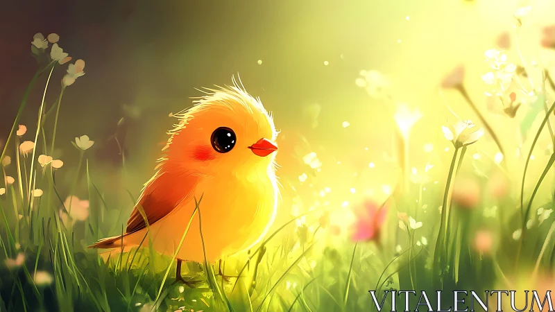 Small stylized bird stands in bright backlit meadow