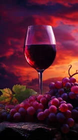 Red wine glass with grapes against vivid sunset sky.