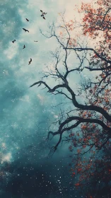 Nocturnal canopy silhouette with migrating birds in nebular sky.