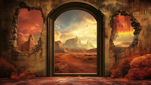 Portal-framed desert vista through decayed architectural shell.