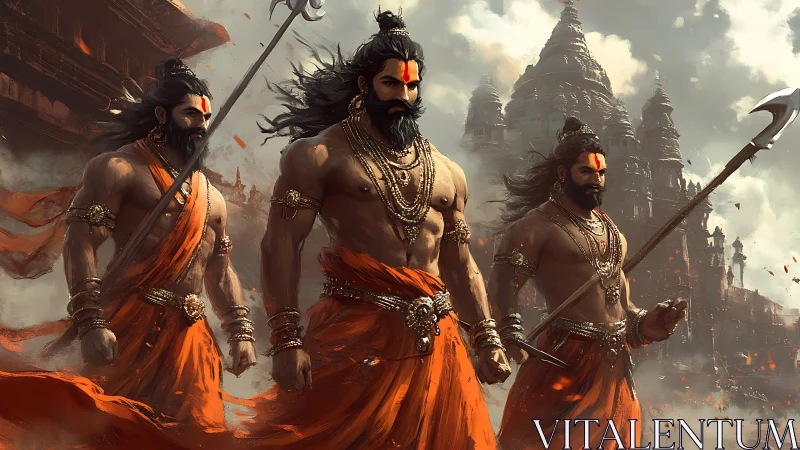 Warrior monks stride through embers before temple spires.