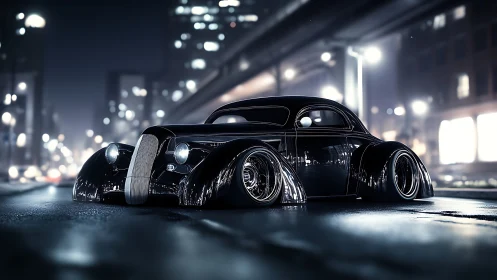 Sleek retro custom car glides through a glowing city night
