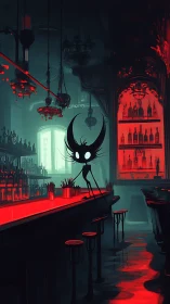 Shadowy creature stands at neon red bar in dark lounge.