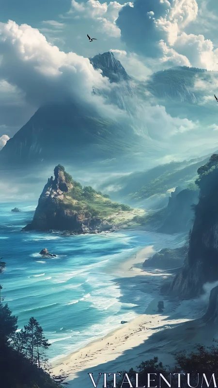 Coastal Mountain Landscape with Misty Peaks and Sea Stacks