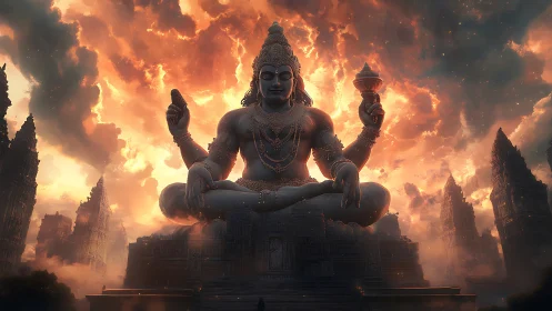 Colossal seated deity quietly steadies a storm-torn sky