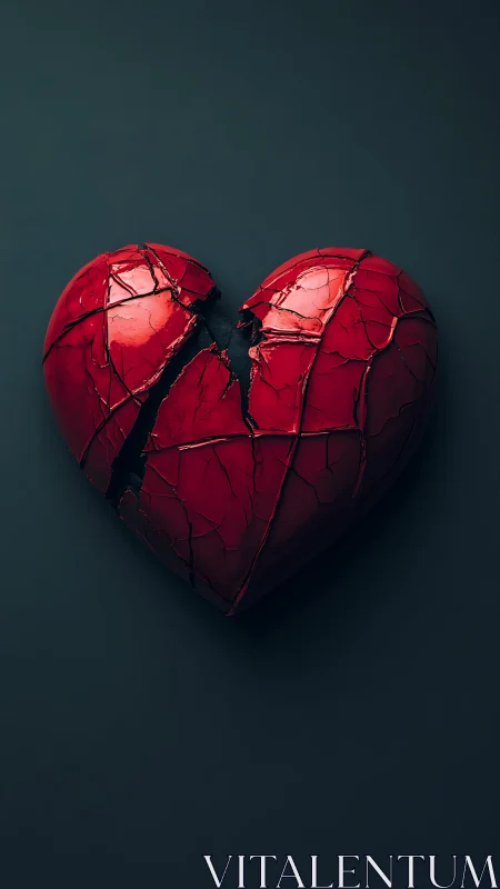 Cracked red heart sculpture on dark neutral background.