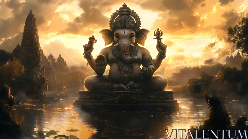 Golden sunset honors serene Ganesha statue above calm water