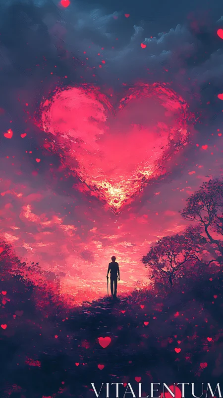 Solitary Figure Beneath Massive Glowing Heart in Dystopian Landscape