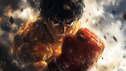 Fierce anime boxer charges forward through explosive dust