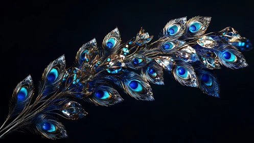 Ornate jeweled peacock feather branch glows over dark field