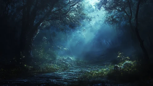 Luminescent forest passage. Mystical woodland light through ancient trees.
