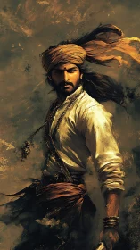 Storm-tossed desert warrior strides through swirling amber dusk.