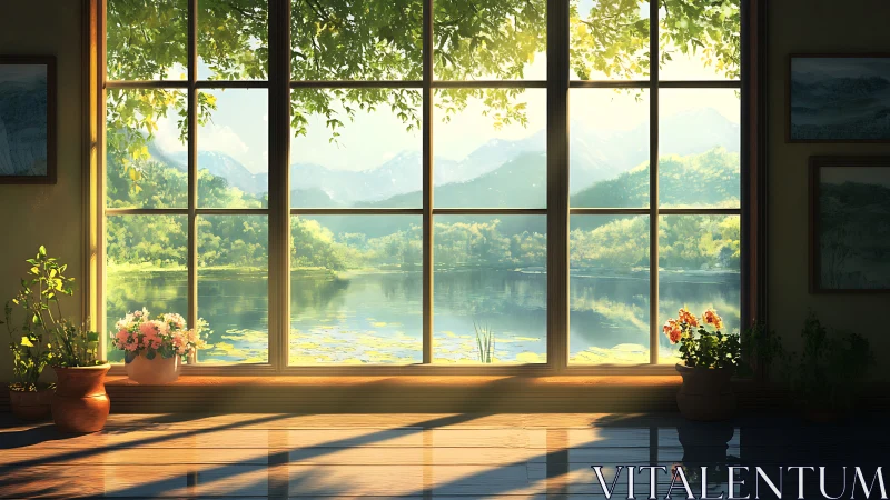 Interior window view across lake toward distant hills.