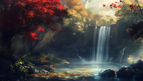 Crimson Canopy: Where Autumn Whispers Kiss the Falls.