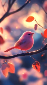 Pink songbird on branch amid glowing sunset bokeh.