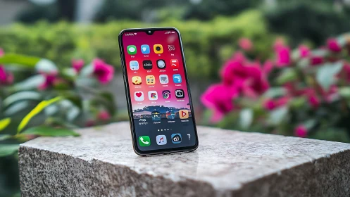 Modern smartphone displaying vibrant home screen in garden setting.