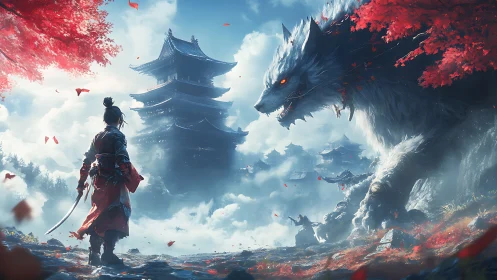 Samurai facing giant wolf in misty Japanese temple valley.