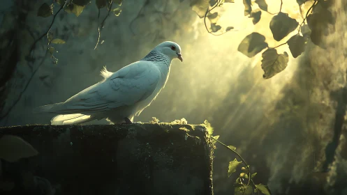 White dove perched in sunlit forest, soft dreamy lighting.