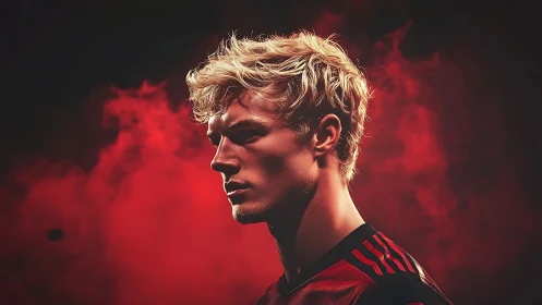 Blond athlete profile portrait in dramatic red smoke lighting.
