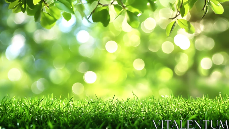 Sunlit Green Grass and Leaves with Soft Bokeh Background.