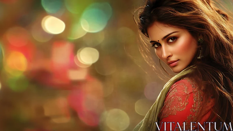 Gaze of saffron silk under festival lights at dusk.